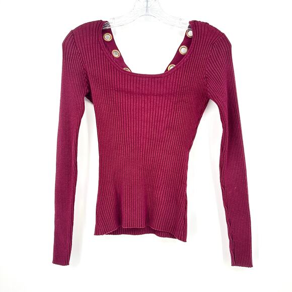 Venus Womens Ribbed Knit Top Sz Small Burgundy Cotton V Grommet Neck Long Sleeve - Picture 2 of 11
